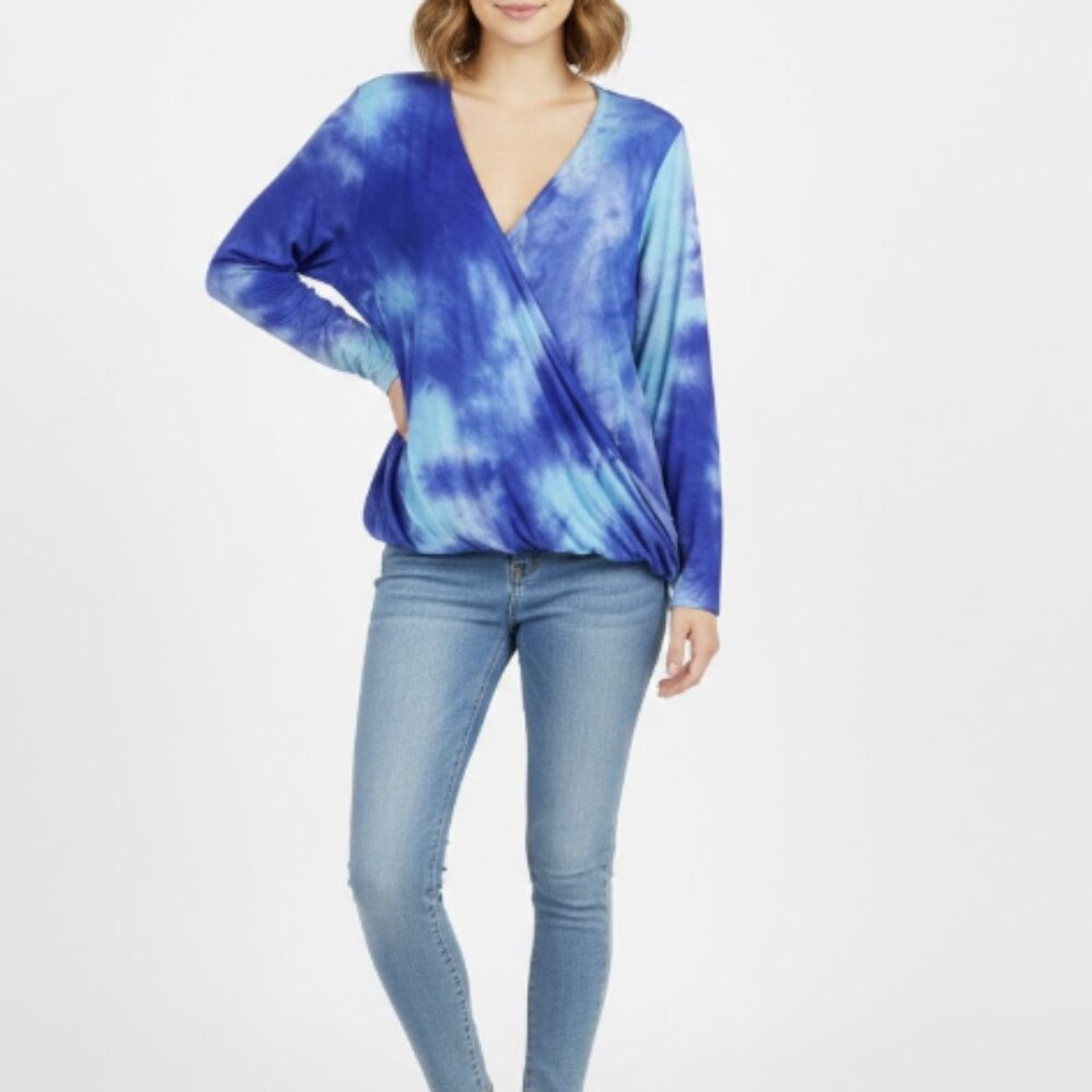 Boston Proper Medium Blue Tie Dye Surplice Relaxed Soft‎ Knit High Low Top